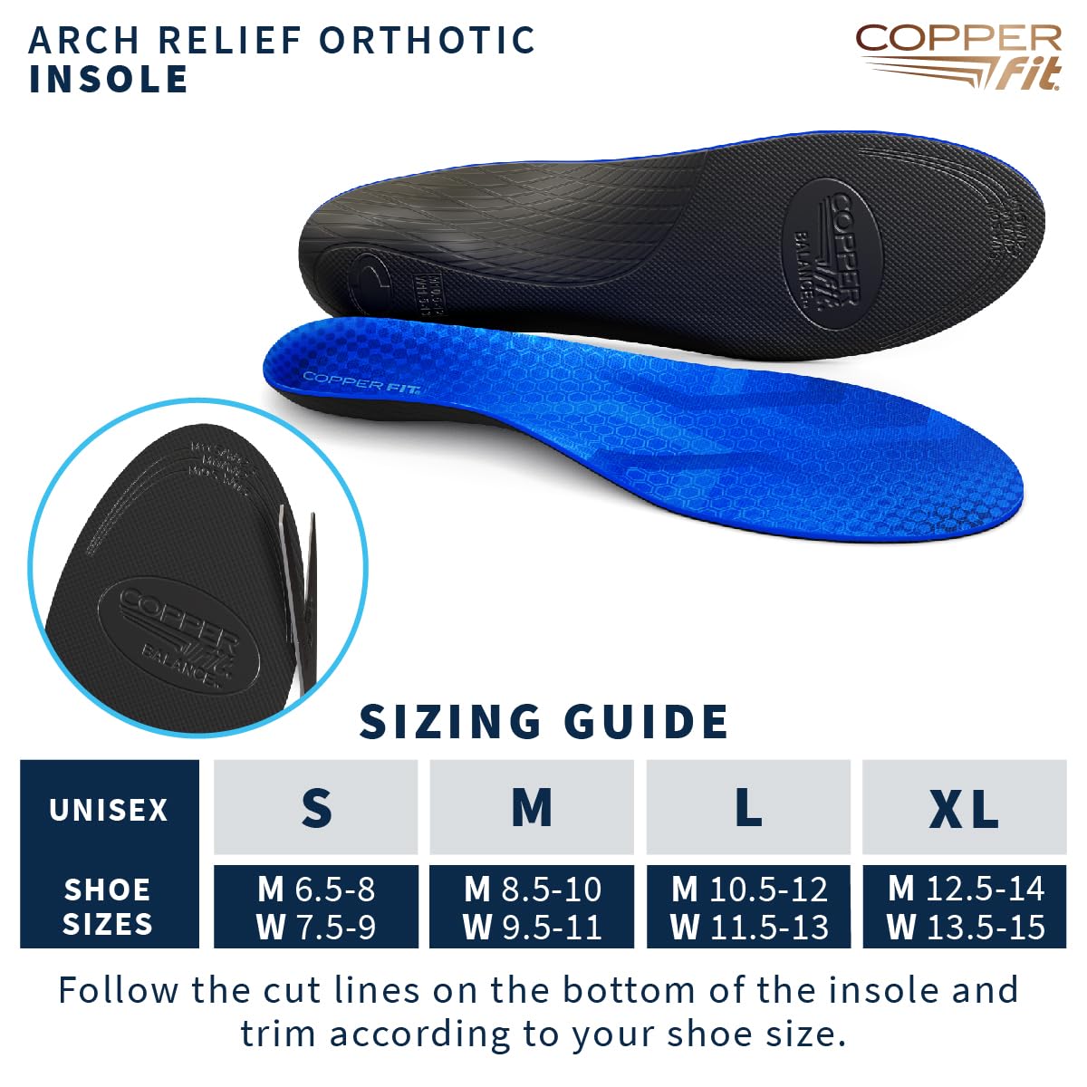 Copper Fit Arch Relief Orthotics – Plantar Fasciitis, Flat Feet – Adaptive, Comfortable Arch Support – Low to High Arches – Absorb Shock – Insoles for Men and Women - Image 5