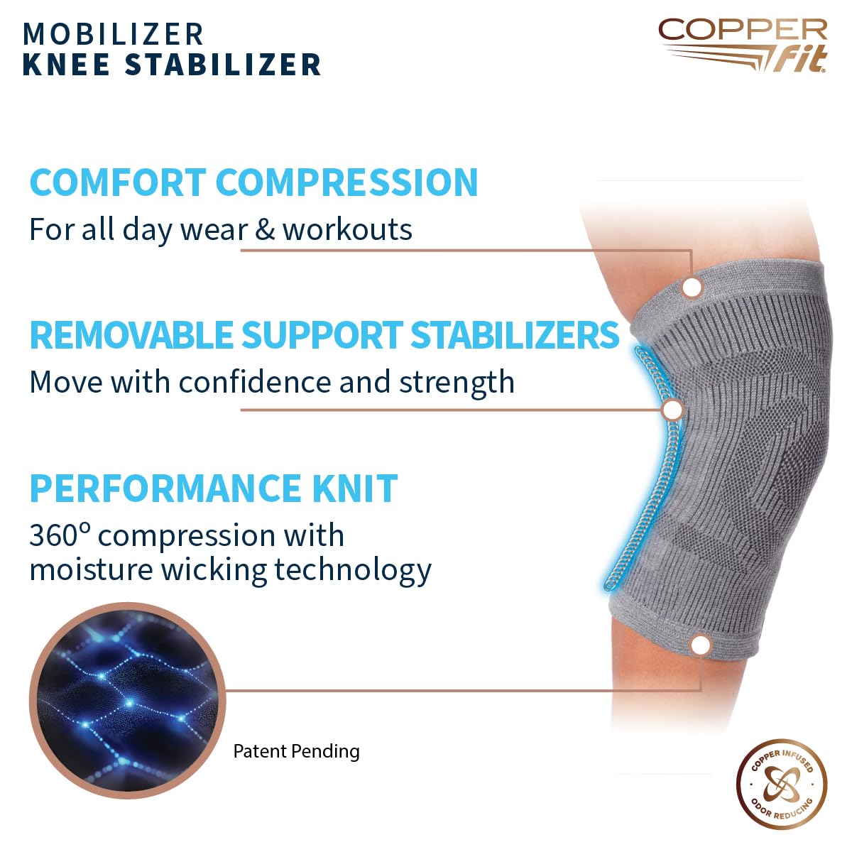 Copper Fit Mobilizer Knee Sleeve – ProSeries with Removable Side Stabilizers Knee Support for Advanced Recovery – Mobility, Knee Pain, Swelling, Inflammation, Circulation, Arthritis, Tendonitis (S/M) - Image 4