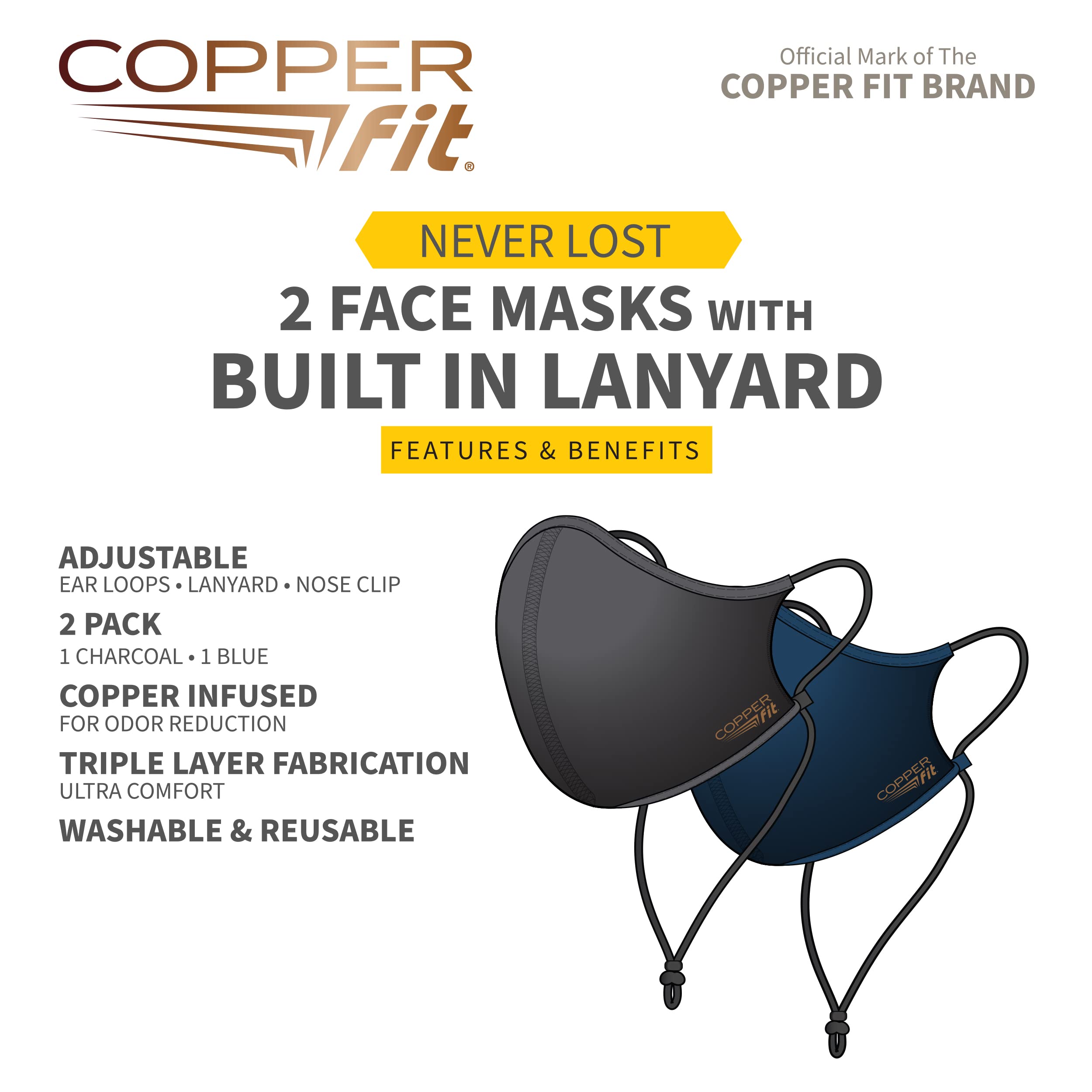 Copper Fit Unisex Never Lost Face Masks for Adults, Reusable Washable Fabric Mask, Copper Infused , 2 Pack - Image 3