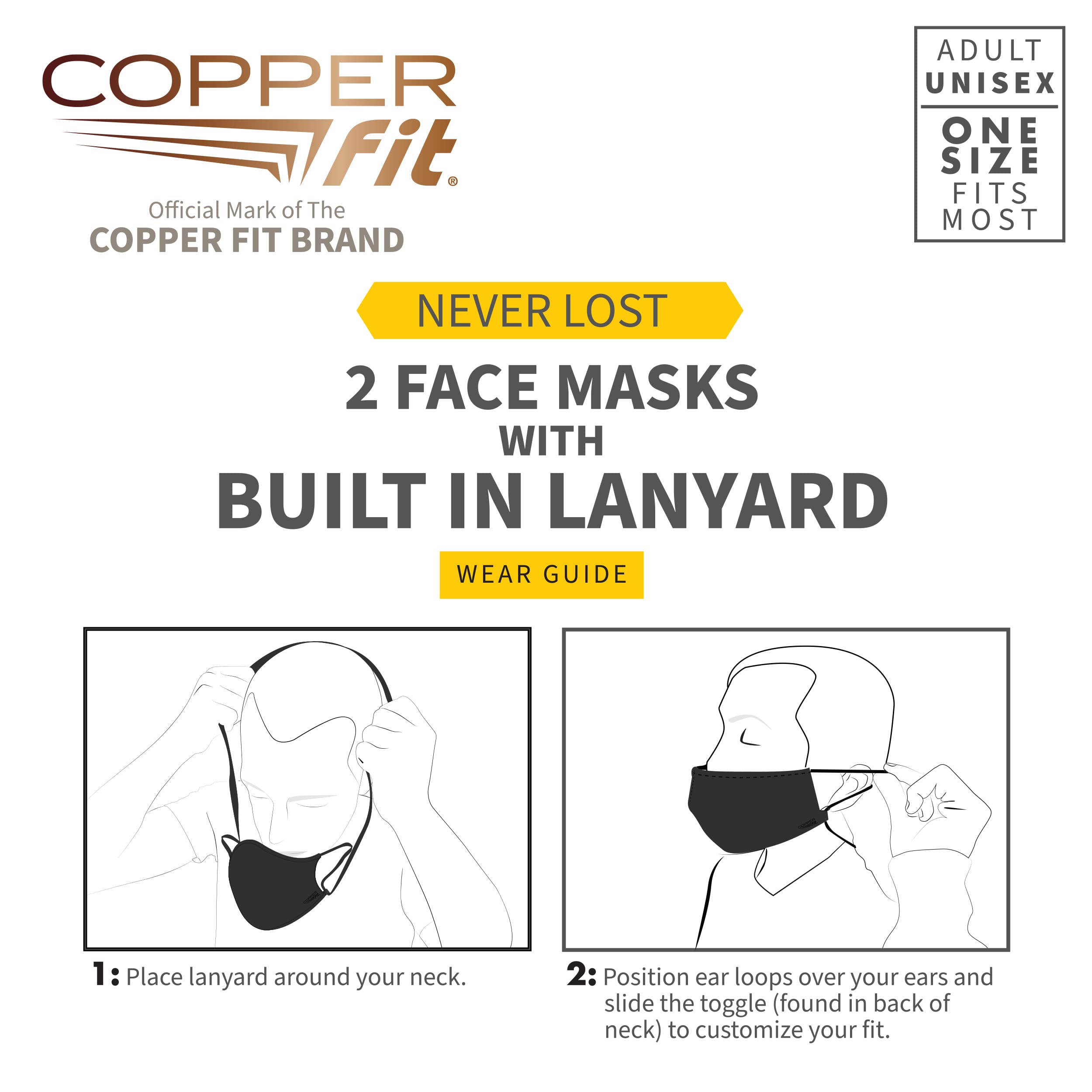 Copper Fit Unisex Never Lost Face Masks for Adults, Reusable Washable Fabric Mask, Copper Infused , 2 Pack - Image 4