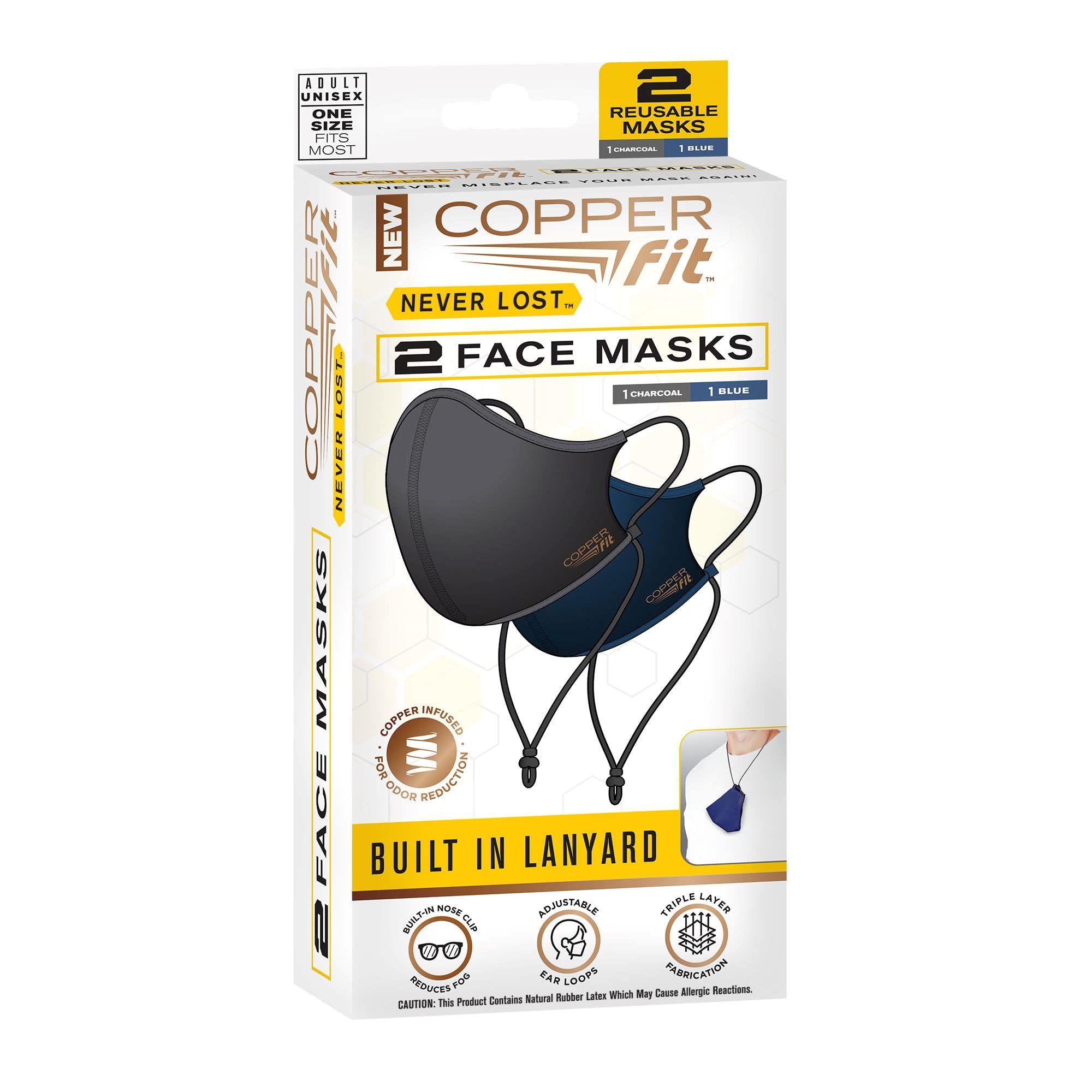 Copper Fit Unisex Never Lost Face Masks for Adults, Reusable Washable Fabric Mask, Copper Infused , 2 Pack - Image 5